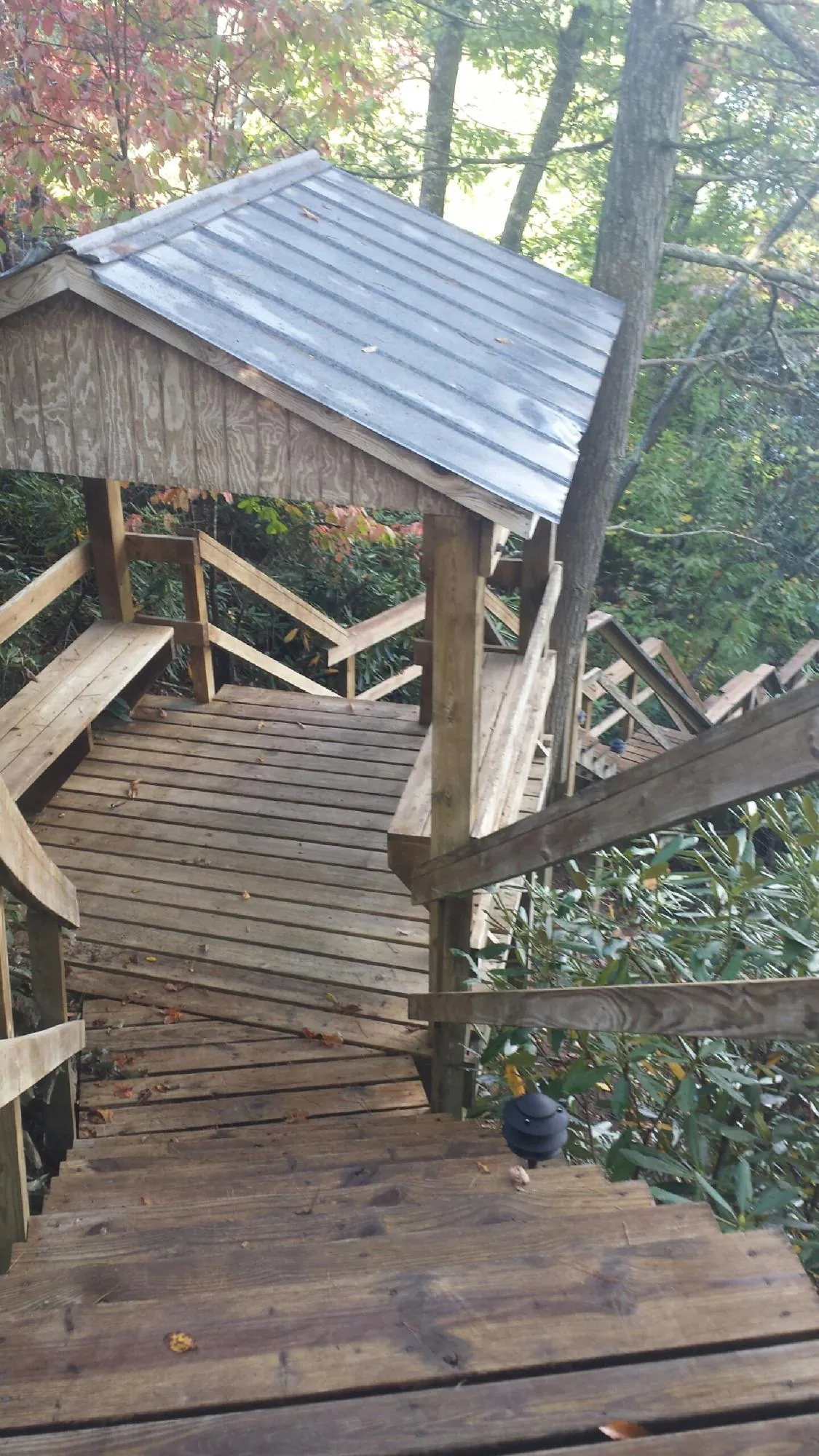 Metal roofed shelter over wooden steps on a wooded walkway — Skylight Repair & Installation work by our crew in Claiborne